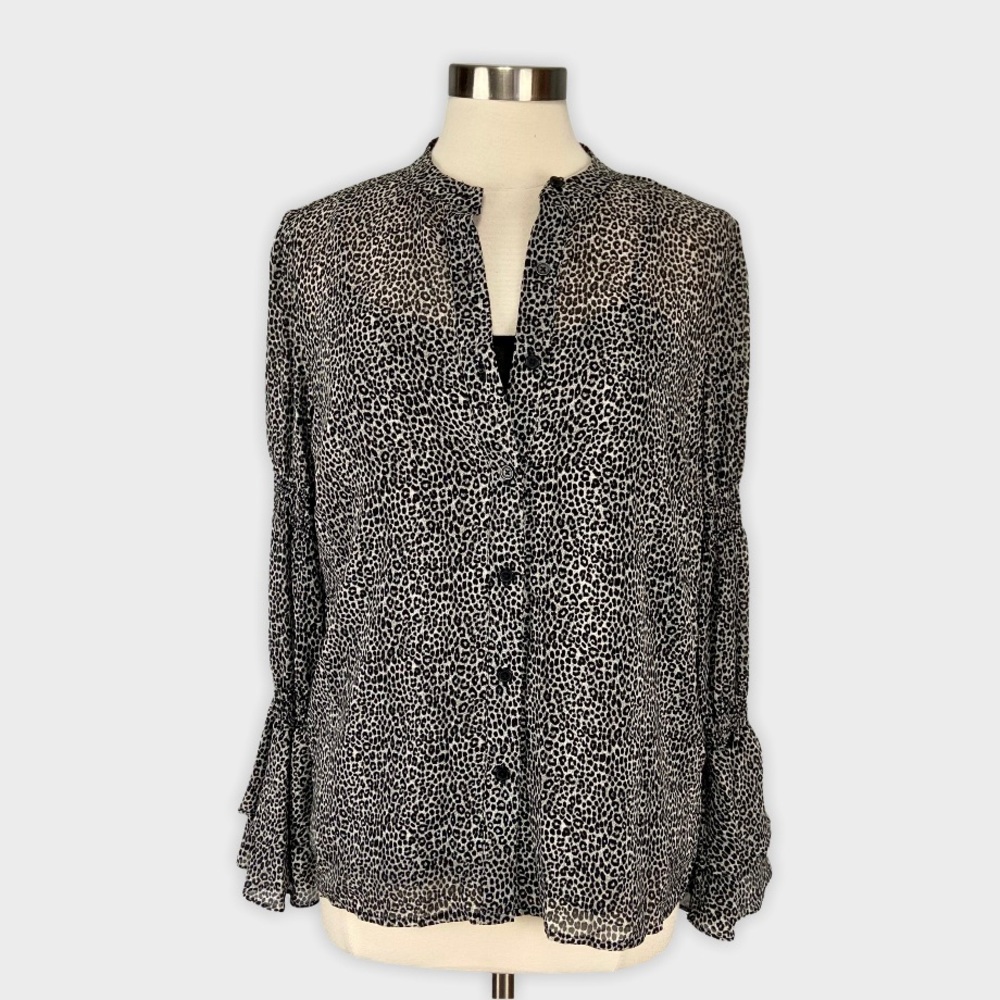Michael Kors Womens Gray Leopard Print Button Front Blouse Bell Sleeve size M